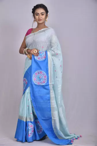 Handmade bhagalpuri embroidered linen saree with contrast border in blue shade with blouse piece