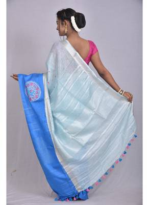 Handmade bhagalpuri embroidered linen saree with contrast border in blue shade with blouse piece 3