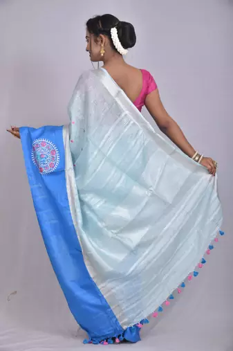 Handmade bhagalpuri embroidered linen saree with contrast border in blue shade with blouse piece