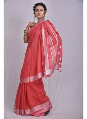 Handmade bhagalpuri linen saree with contrast border in red shade with blouse piece 2