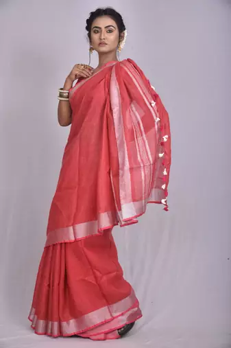 Handmade bhagalpuri linen saree with contrast border in red shade with blouse piece