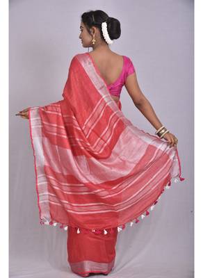 Handmade bhagalpuri linen saree with contrast border in red shade with blouse piece 3