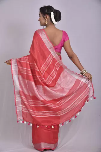 Handmade bhagalpuri linen saree with contrast border in red shade with blouse piece