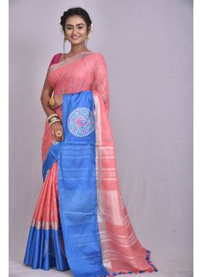 Handmade bhagalpuri embroidered linen saree with contrast border in peach shade with blouse piece 2