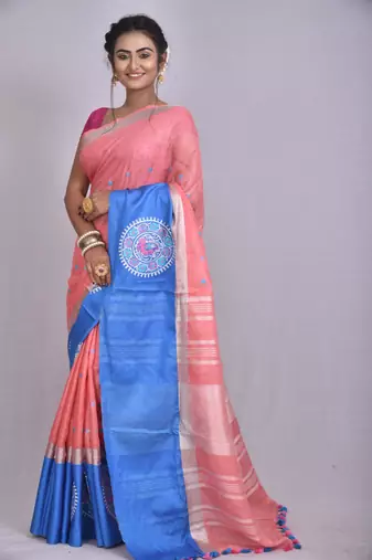 Handmade bhagalpuri embroidered linen saree with contrast border in peach shade with blouse piece