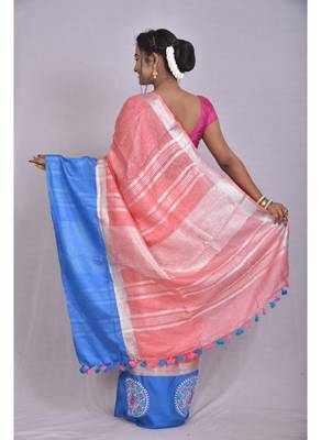 Handmade bhagalpuri embroidered linen saree with contrast border in peach shade with blouse piece 3