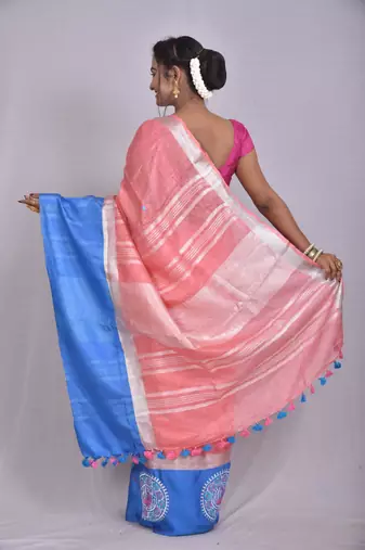Handmade bhagalpuri embroidered linen saree with contrast border in peach shade with blouse piece