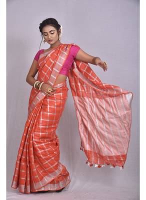 Handmade bhagalpuri linen saree with zari checks orange shade with blouse piece 2