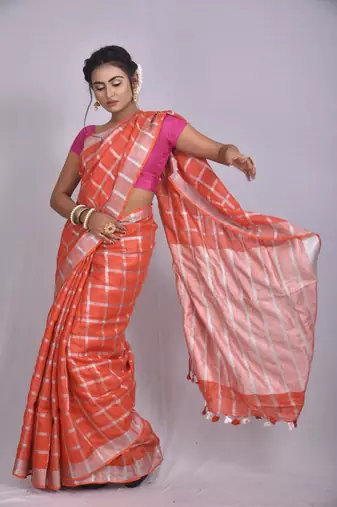 Handmade bhagalpuri linen saree with zari checks orange shade with blouse piece