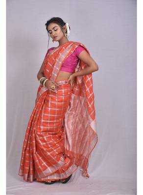 Handmade bhagalpuri linen saree with zari checks orange shade with blouse piece 3