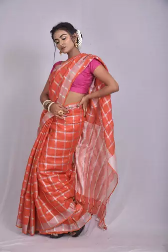 Handmade bhagalpuri linen saree with zari checks orange shade with blouse piece