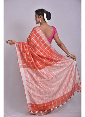 Handmade bhagalpuri linen saree with zari checks orange shade with blouse piece 4