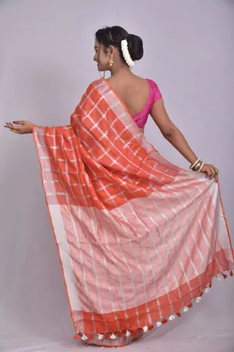 Handmade bhagalpuri linen saree with zari checks orange shade with blouse piece