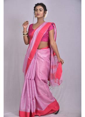 Handmade bhagalpuri tissue linen saree with contrast border in lavender shade with blouse piece 2