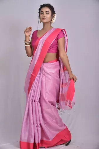 Handmade bhagalpuri tissue linen saree with contrast border in lavender shade with blouse piece