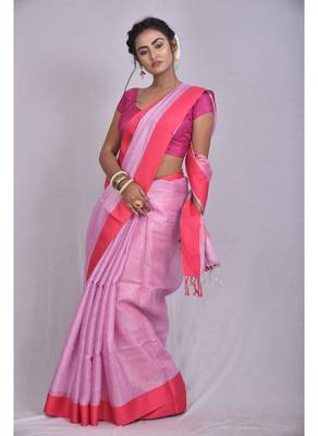 Handmade bhagalpuri tissue linen saree with contrast border in lavender shade with blouse piece 3