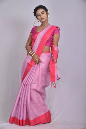 Handmade bhagalpuri tissue linen saree with contrast border in lavender shade with blouse piece