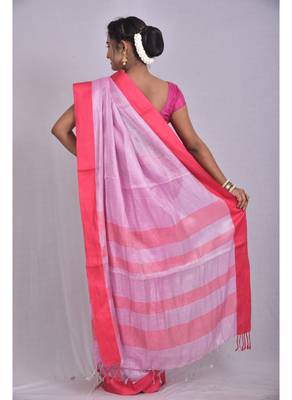 Handmade bhagalpuri tissue linen saree with contrast border in lavender shade with blouse piece 4