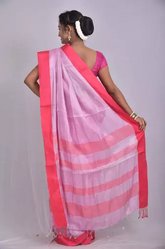 Handmade bhagalpuri tissue linen saree with contrast border in lavender shade with blouse piece