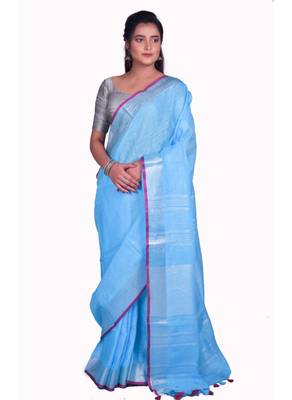 Handmade bhagalpuri linen saree with contrast border in sky blue shade with blouse piece 2