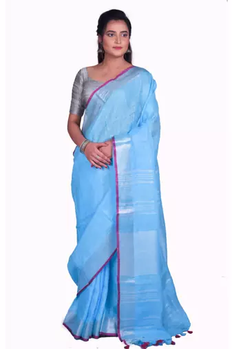 Handmade bhagalpuri linen saree with contrast border in sky blue shade with blouse piece