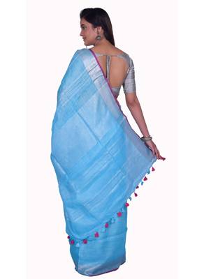 Handmade bhagalpuri linen saree with contrast border in sky blue shade with blouse piece 3
