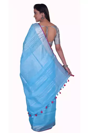 Handmade bhagalpuri linen saree with contrast border in sky blue shade with blouse piece