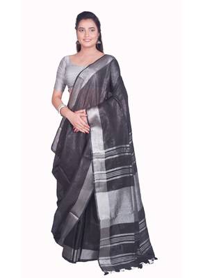 Handmade bhagalpuri linen saree with contrast border in black shade with blouse piece 2