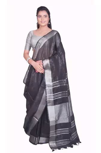Handmade bhagalpuri linen saree with contrast border in black shade with blouse piece