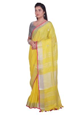 Handmade bhagalpuri embroidered linen saree with contrast border in yellowshade with blouse piece 2