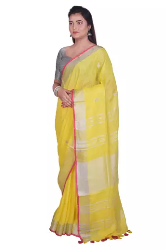Handmade bhagalpuri embroidered linen saree with contrast border in yellowshade with blouse piece