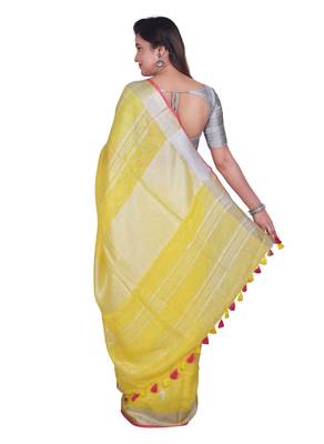 Handmade bhagalpuri embroidered linen saree with contrast border in yellowshade with blouse piece 3