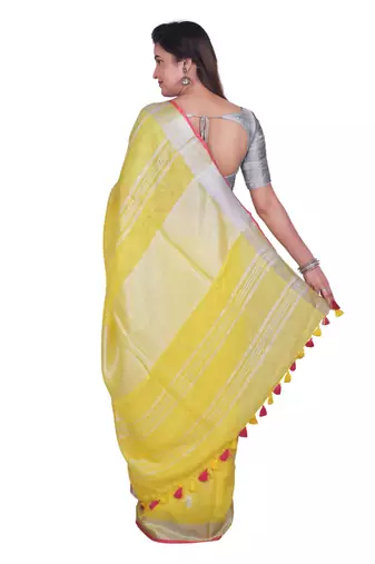 Handmade bhagalpuri embroidered linen saree with contrast border in yellowshade with blouse piece