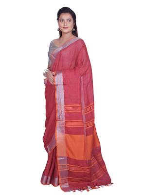Handmade bhagalpuri linen saree with contrast border in magenta red shade with blouse piece 2