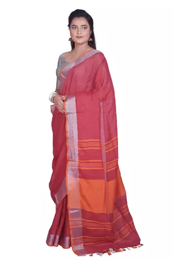 Handmade bhagalpuri linen saree with contrast border in magenta red shade with blouse piece
