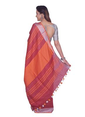 Handmade bhagalpuri linen saree with contrast border in magenta red shade with blouse piece 3