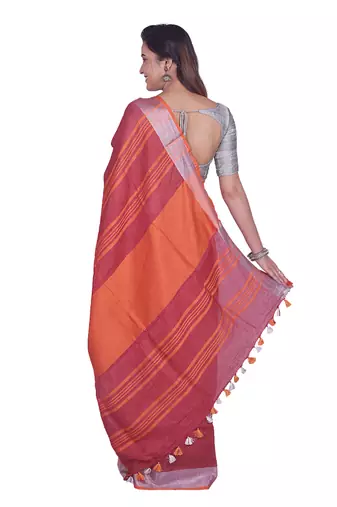 Handmade bhagalpuri linen saree with contrast border in magenta red shade with blouse piece