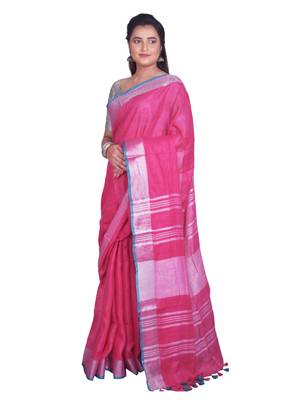Handmade bhagalpuri linen saree with contrast border in pink shade with blouse piece 2