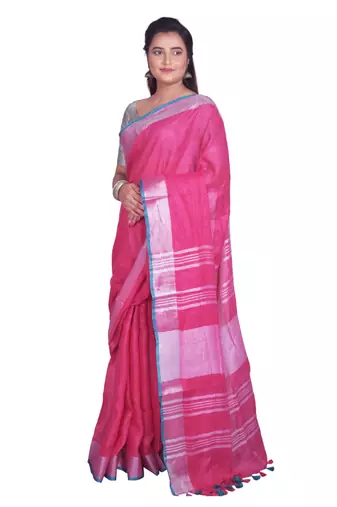 Handmade bhagalpuri linen saree with contrast border in pink shade with blouse piece