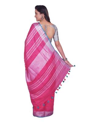 Handmade bhagalpuri linen saree with contrast border in pink shade with blouse piece 3