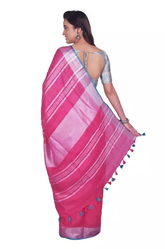 Handmade bhagalpuri linen saree with contrast border in pink shade with blouse piece