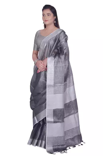 Handmade bhagalpuri tissue linen saree with contrast border in grey shade with blouse piece