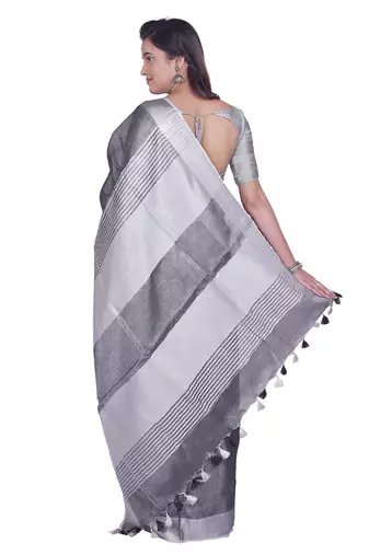 Handmade bhagalpuri tissue linen saree with contrast border in grey shade with blouse piece