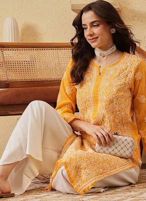 Hand Embroidered Yellow Georgette Lucknow Chikankari Women Kurta 7
