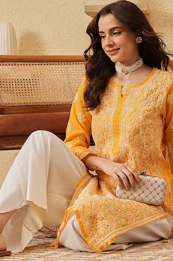 Hand Embroidered Yellow Georgette Lucknow Chikankari Women Kurta