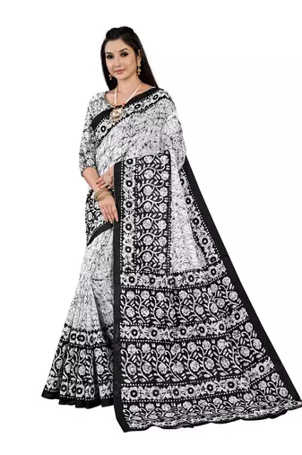 White Colour Cotton Silk Bagru Print Saree