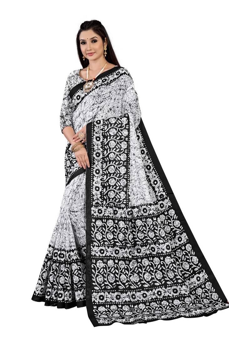 White Colour Cotton Silk Bagru Print Saree