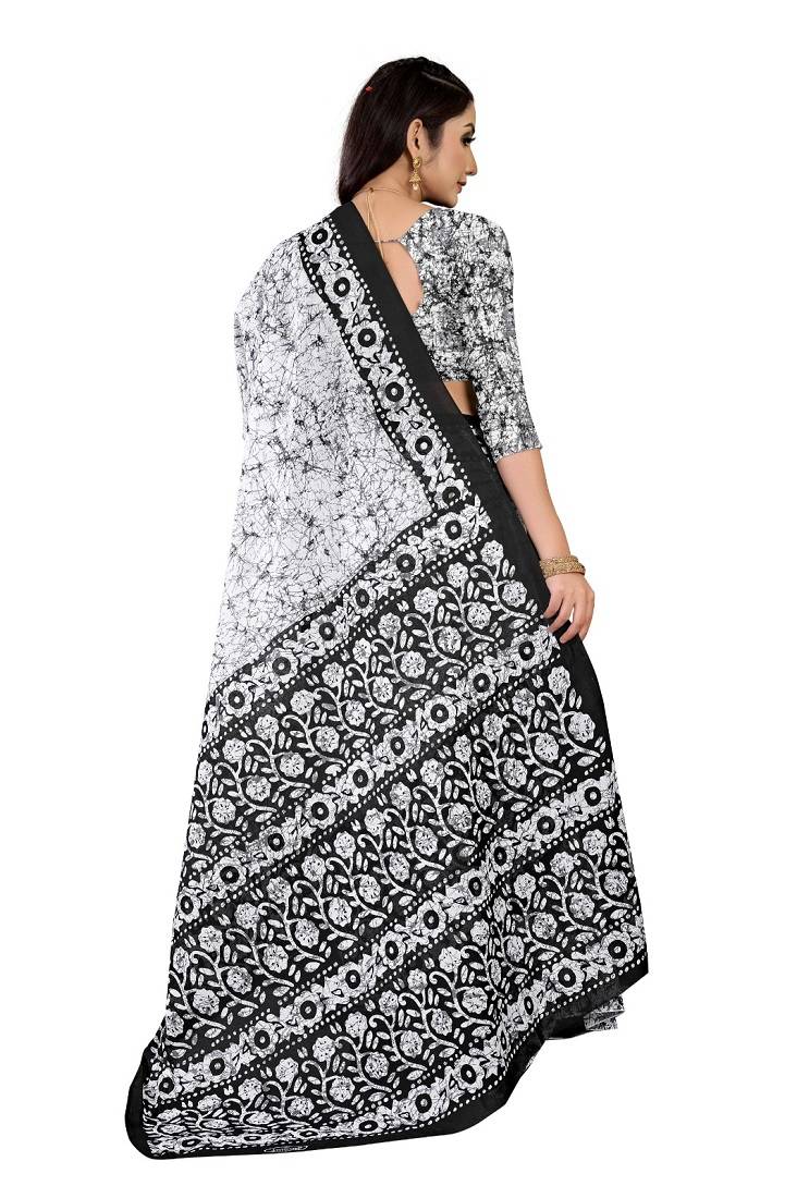 White Colour Cotton Silk Bagru Print Saree