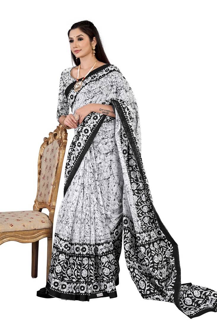 White Colour Cotton Silk Bagru Print Saree