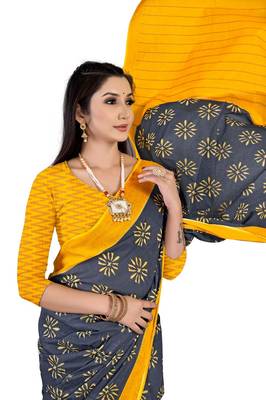 Grey Colour Cotton Silk Bagru Print Saree 1